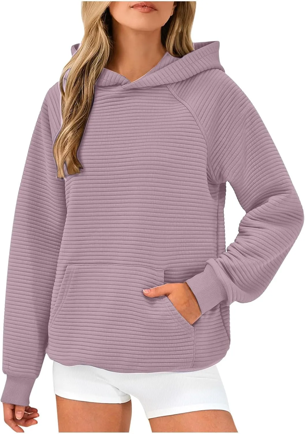 Womens Striped Texture Hoodies Fall Raglan Long Sleeve Dressy Sweatshirts Casual Loose Pullover with Kangaroo Pocket