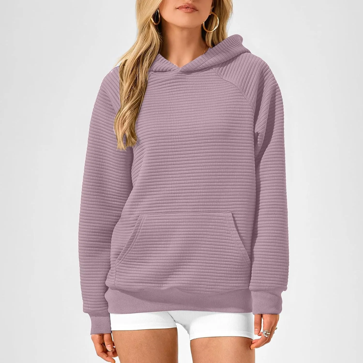 Womens Striped Texture Hoodies Fall Raglan Long Sleeve Dressy Sweatshirts Casual Loose Pullover with Kangaroo Pocket