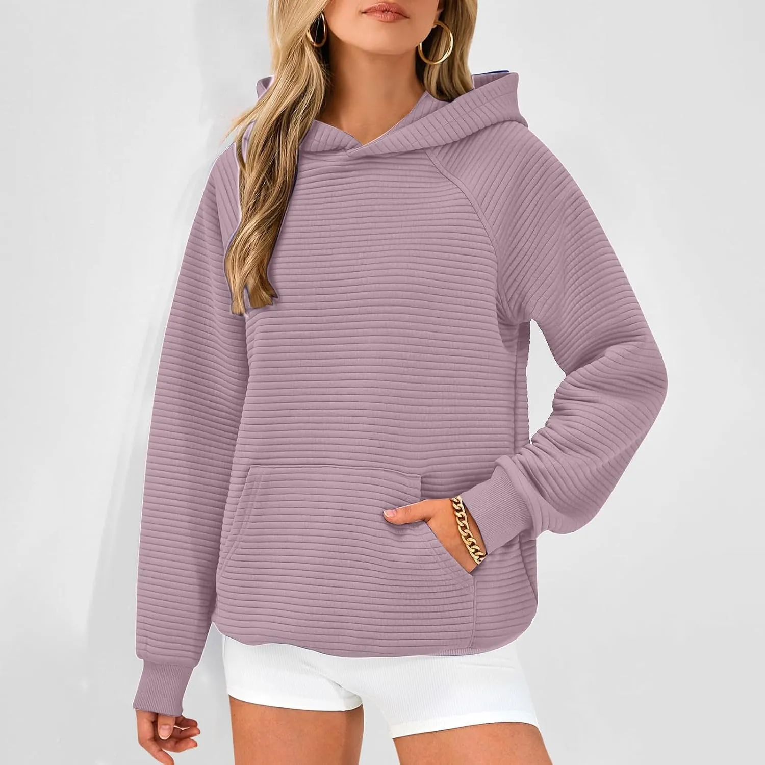 Womens Striped Texture Hoodies Fall Raglan Long Sleeve Dressy Sweatshirts Casual Loose Pullover with Kangaroo Pocket