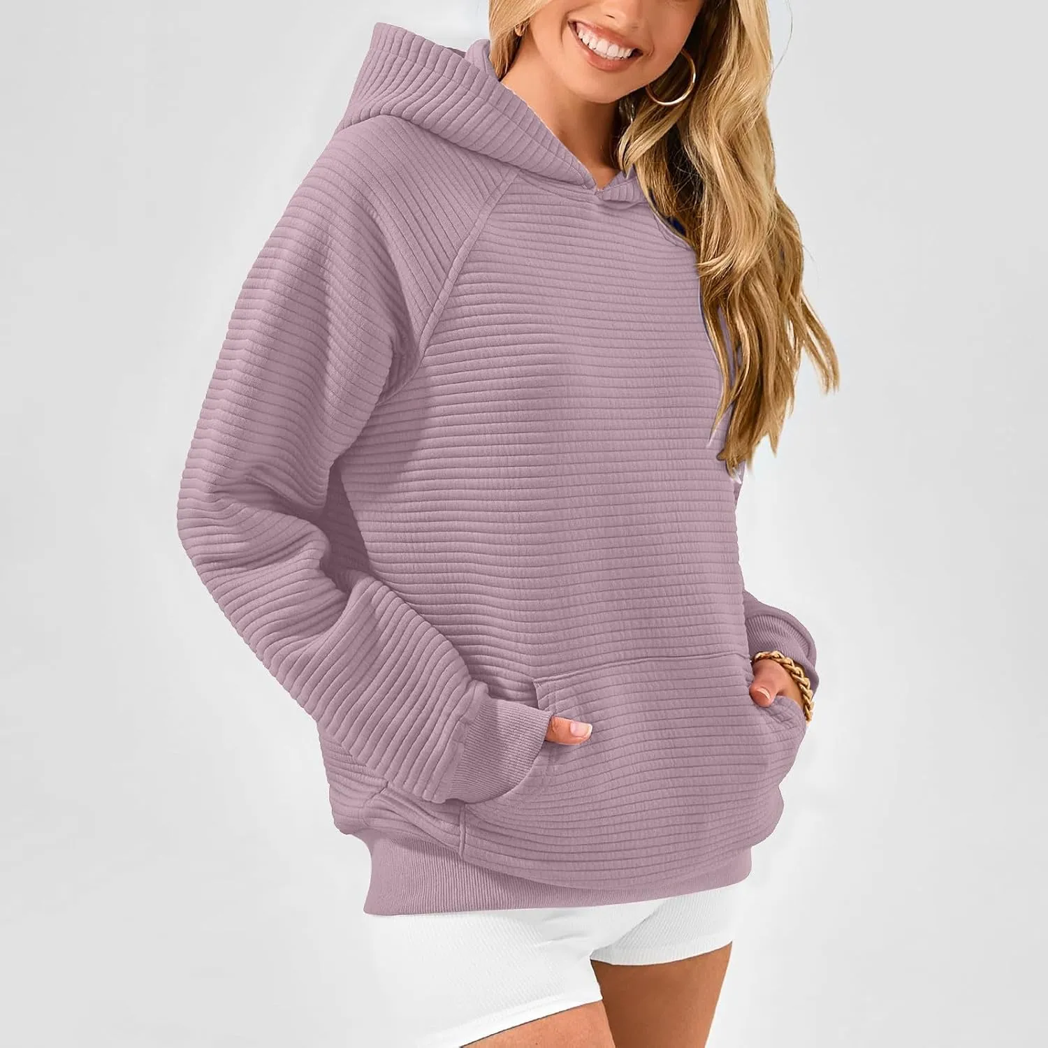 Womens Striped Texture Hoodies Fall Raglan Long Sleeve Dressy Sweatshirts Casual Loose Pullover with Kangaroo Pocket