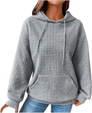 Women's Sweatshirt Casual Waffle Hoodies Drawstring Hooded Tops with Pockets Comfort Long Sleeve Pullover Hoodies
