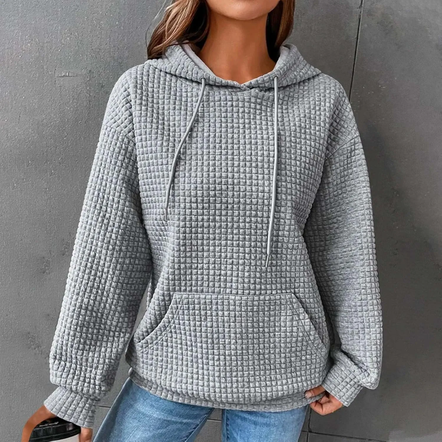 Women's Sweatshirt Casual Waffle Hoodies Drawstring Hooded Tops with Pockets Comfort Long Sleeve Pullover Hoodies