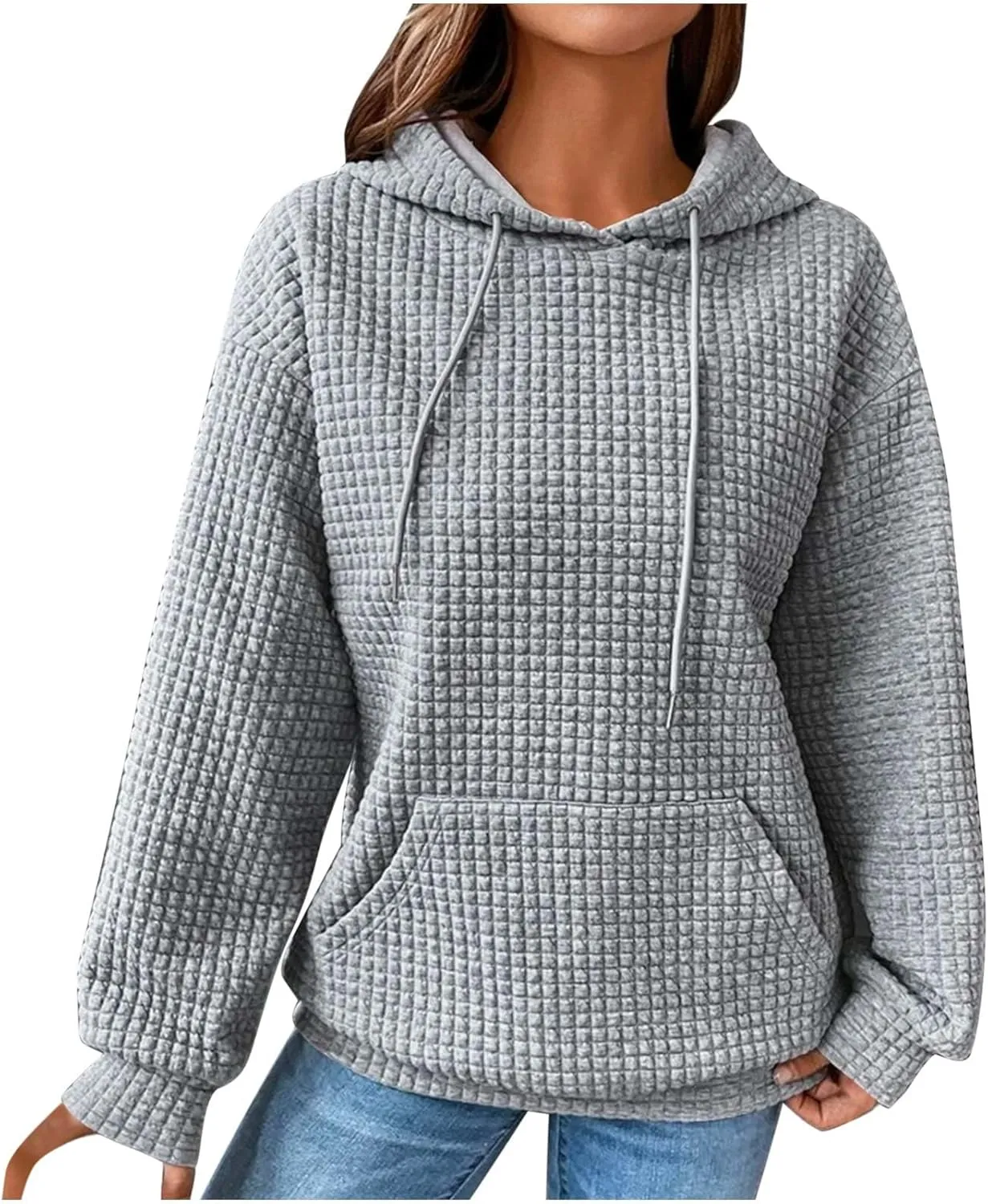 Women's Sweatshirt Casual Waffle Hoodies Drawstring Hooded Tops with Pockets Comfort Long Sleeve Pullover Hoodies