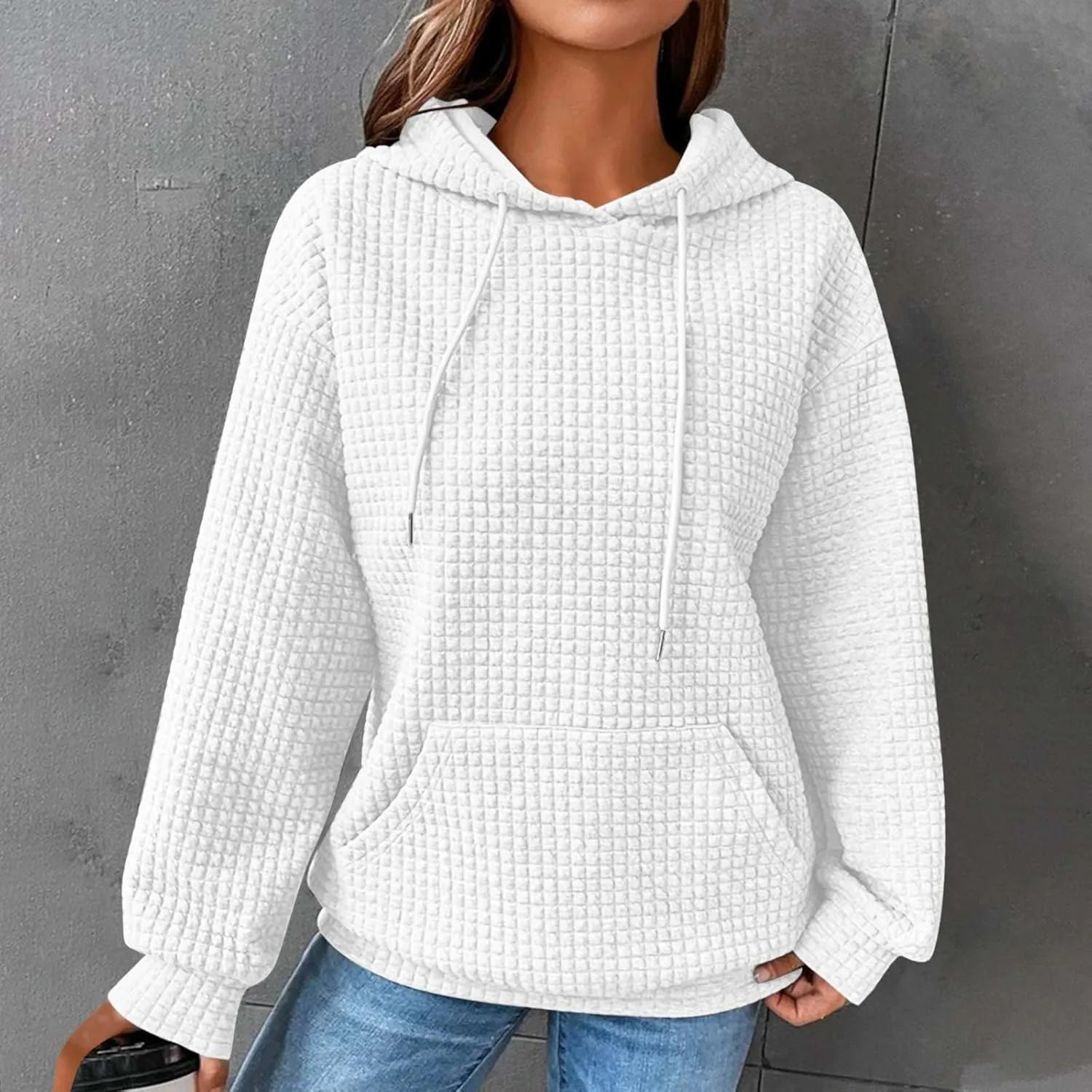 Women's Sweatshirt Casual Waffle Hoodies Drawstring Hooded Tops with Pockets Comfort Long Sleeve Pullover Hoodies