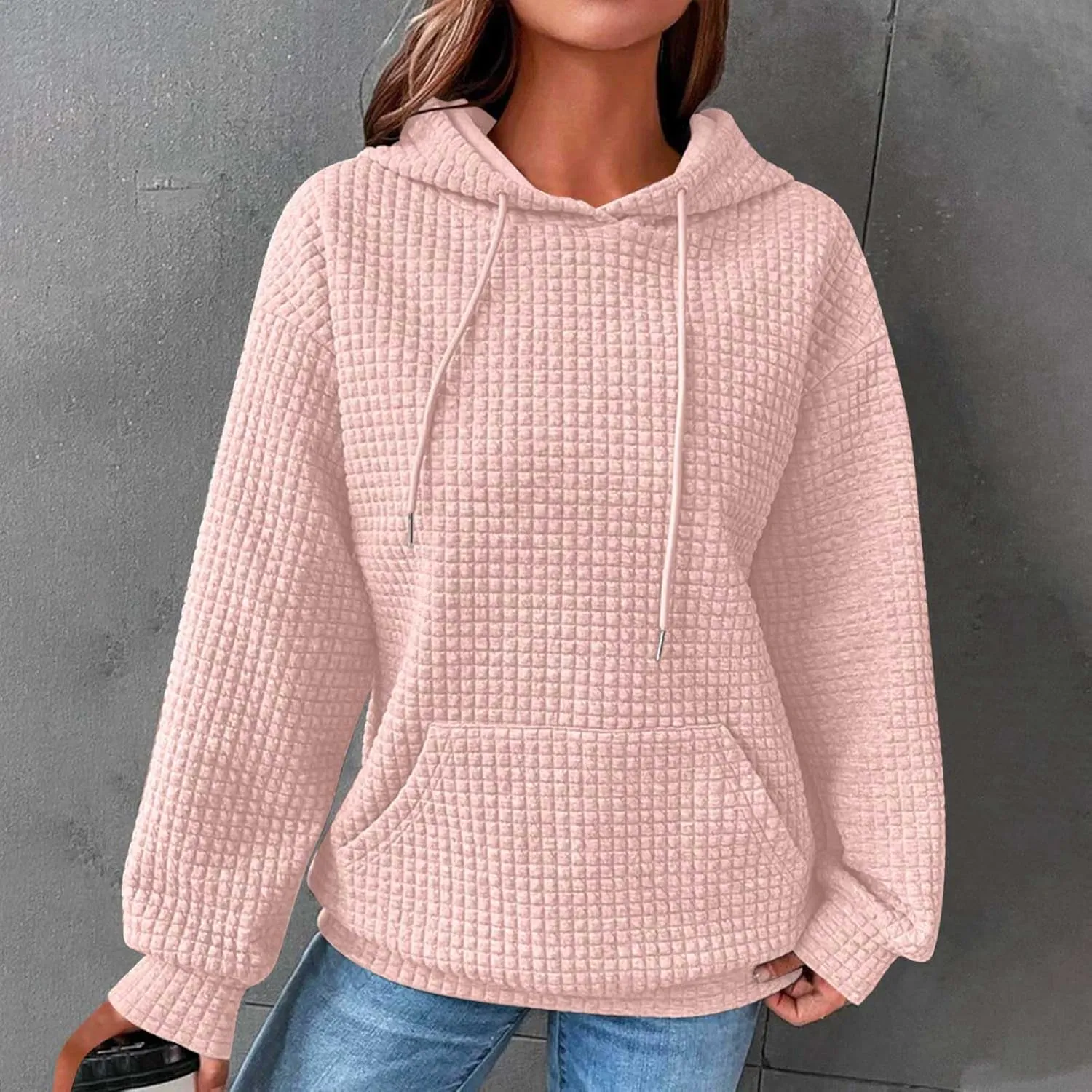 Women's Sweatshirt Casual Waffle Hoodies Drawstring Hooded Tops with Pockets Comfort Long Sleeve Pullover Hoodies