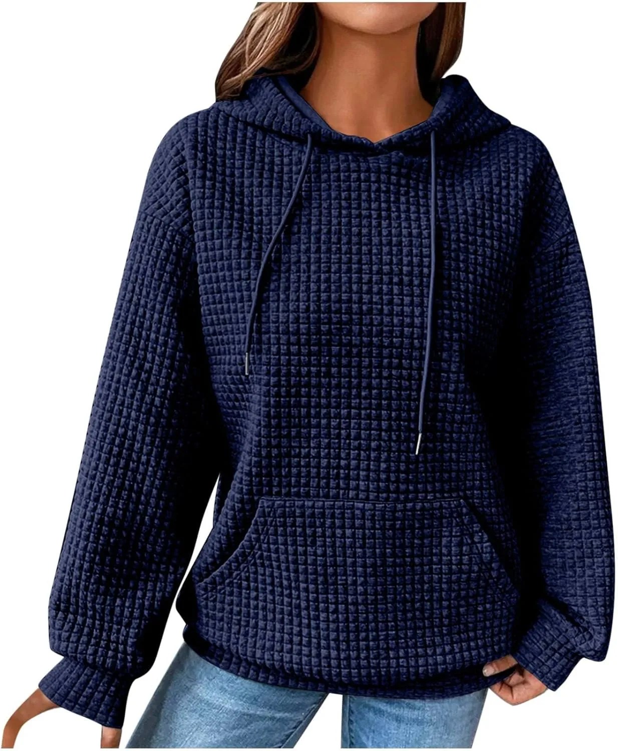 Women's Sweatshirt Casual Waffle Hoodies Drawstring Hooded Tops with Pockets Comfort Long Sleeve Pullover Hoodies