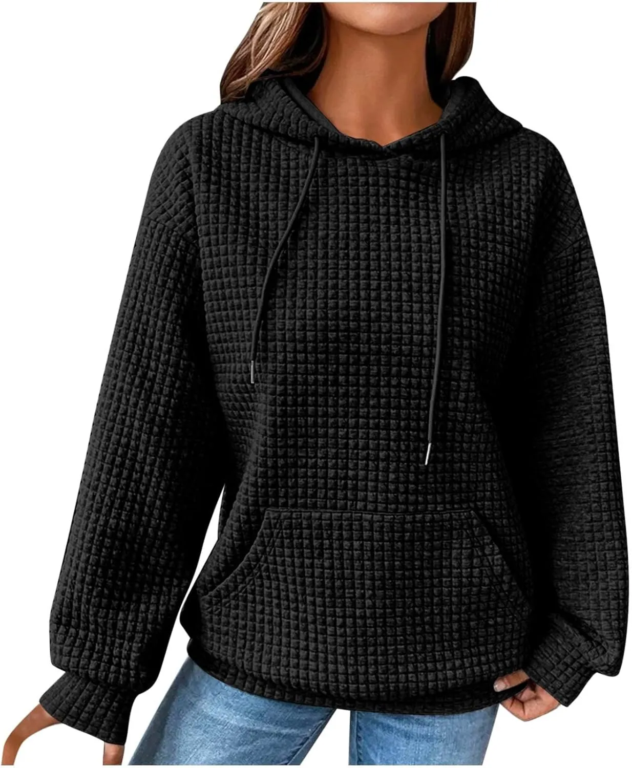 Women's Sweatshirt Casual Waffle Hoodies Drawstring Hooded Tops with Pockets Comfort Long Sleeve Pullover Hoodies