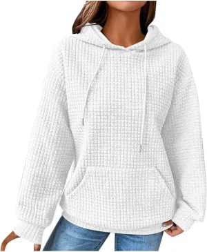 Women's Sweatshirt Casual Waffle Hoodies Drawstring Hooded Tops with Pockets Comfort Long Sleeve Pullover Hoodies