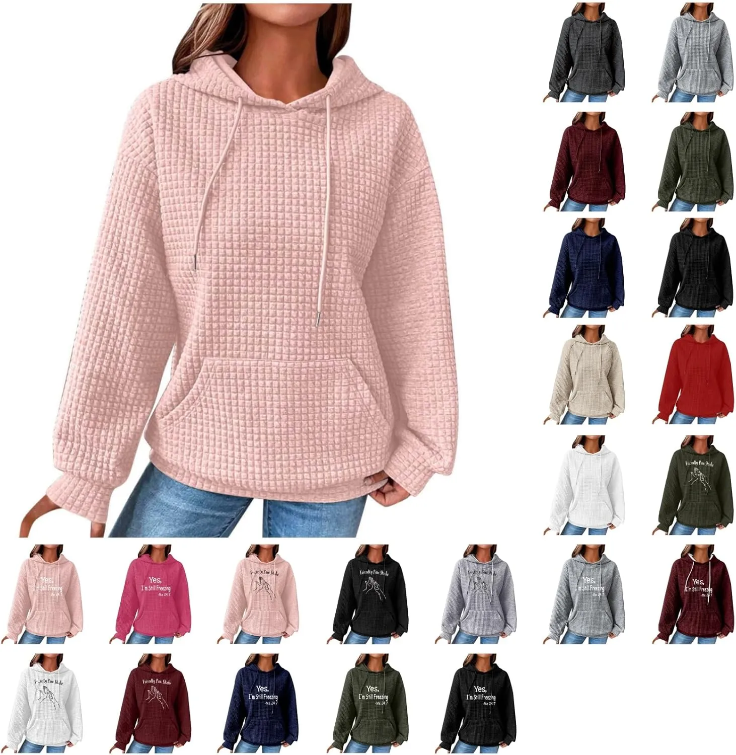 Women's Sweatshirt Casual Waffle Hoodies Drawstring Hooded Tops with Pockets Comfort Long Sleeve Pullover Hoodies