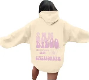 Womens Sweatshirt San Diego California Print Sweatshirt Womens Oversized Hoodies Long Sleeve Tops Pullover Drawstring Fall Y2k Clothes Hoodies for Teens Beige Medium