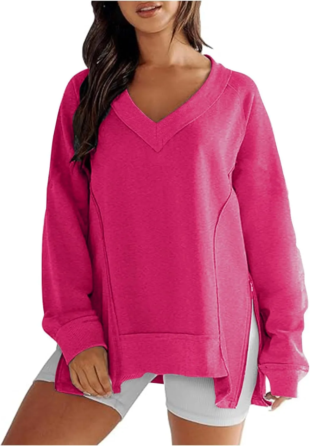 Women's Sweatshirt Side Slit Zipper Pullover V Neck Fleece Sweater for Women Oversized Sweatshirt Trendy Fall Tops