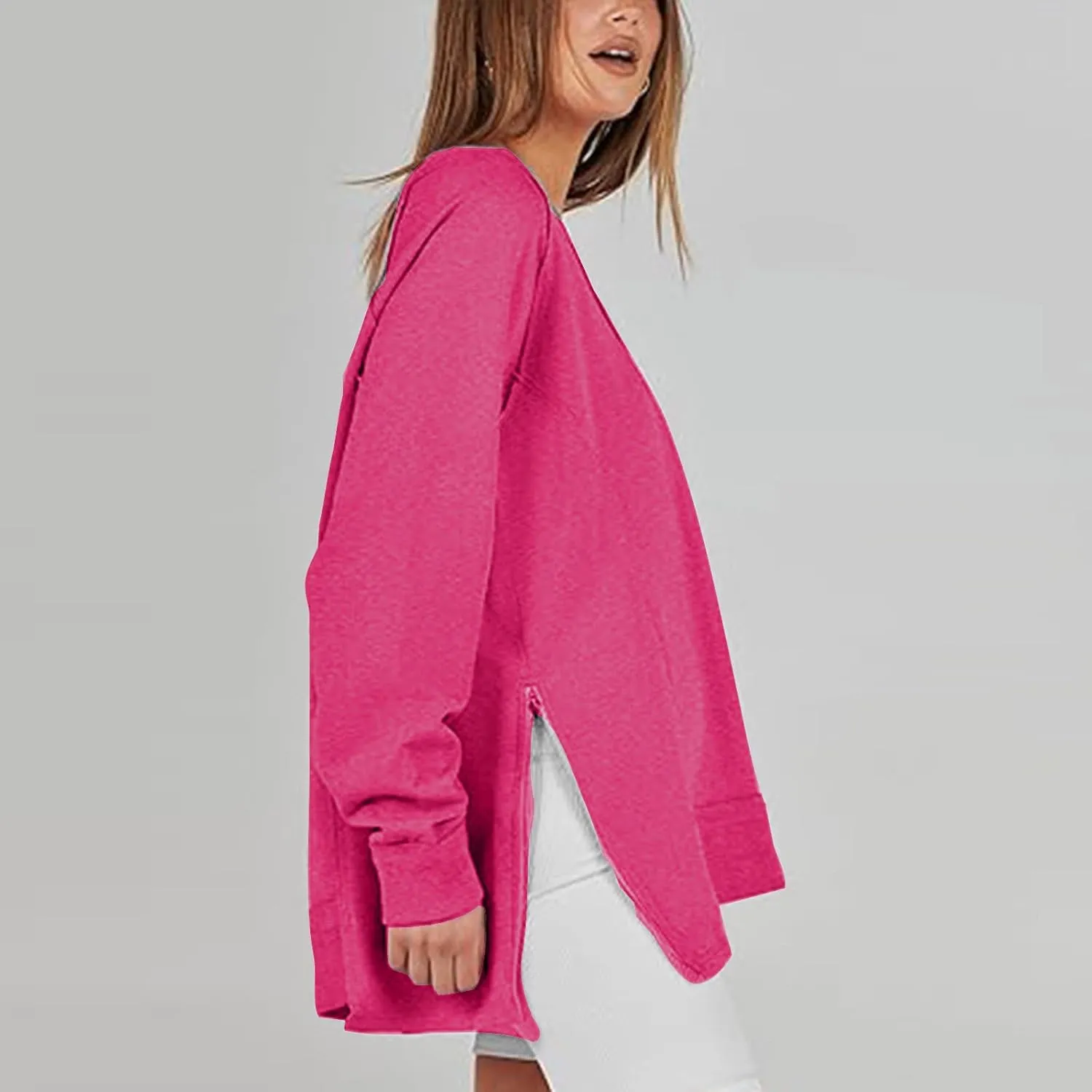 Women's Sweatshirt Side Slit Zipper Pullover V Neck Fleece Sweater for Women Oversized Sweatshirt Trendy Fall Tops