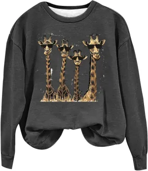 Womens Sweatshirts Pullover Long Sleeve Crewneck Cute Giraffe Graphic Tops Fashion Casual Loose Fleece Sweater Blouses