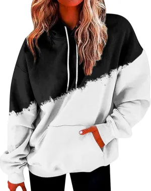 Women's Tie Dye Hoodies Fall Long Sleeve Casual Color Block Oversized Pullover Sweatshirt with Pocket