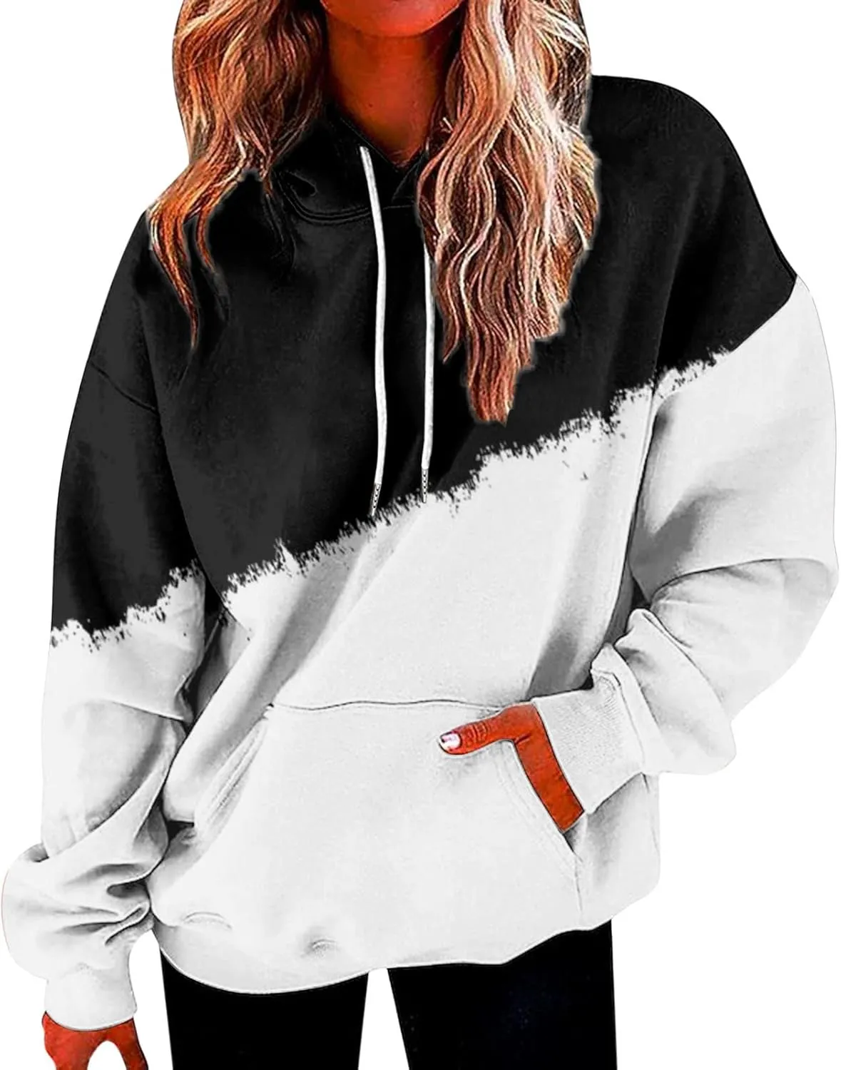 Women's Tie Dye Hoodies Fall Long Sleeve Casual Color Block Oversized Pullover Sweatshirt with Pocket