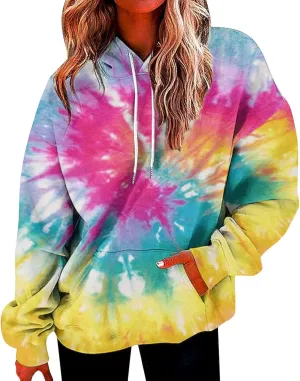 Womens Tie Dye Hoodies Oversized Fall Long Sleeve Hooded Sweatshirt Drawstring Pullover Tops with Pockets