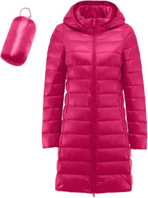 Women's Ultralight Down Jacket Long Packable Hooded Puffer Coat Warm Full-Zip Puffer Jacket for Outdoor