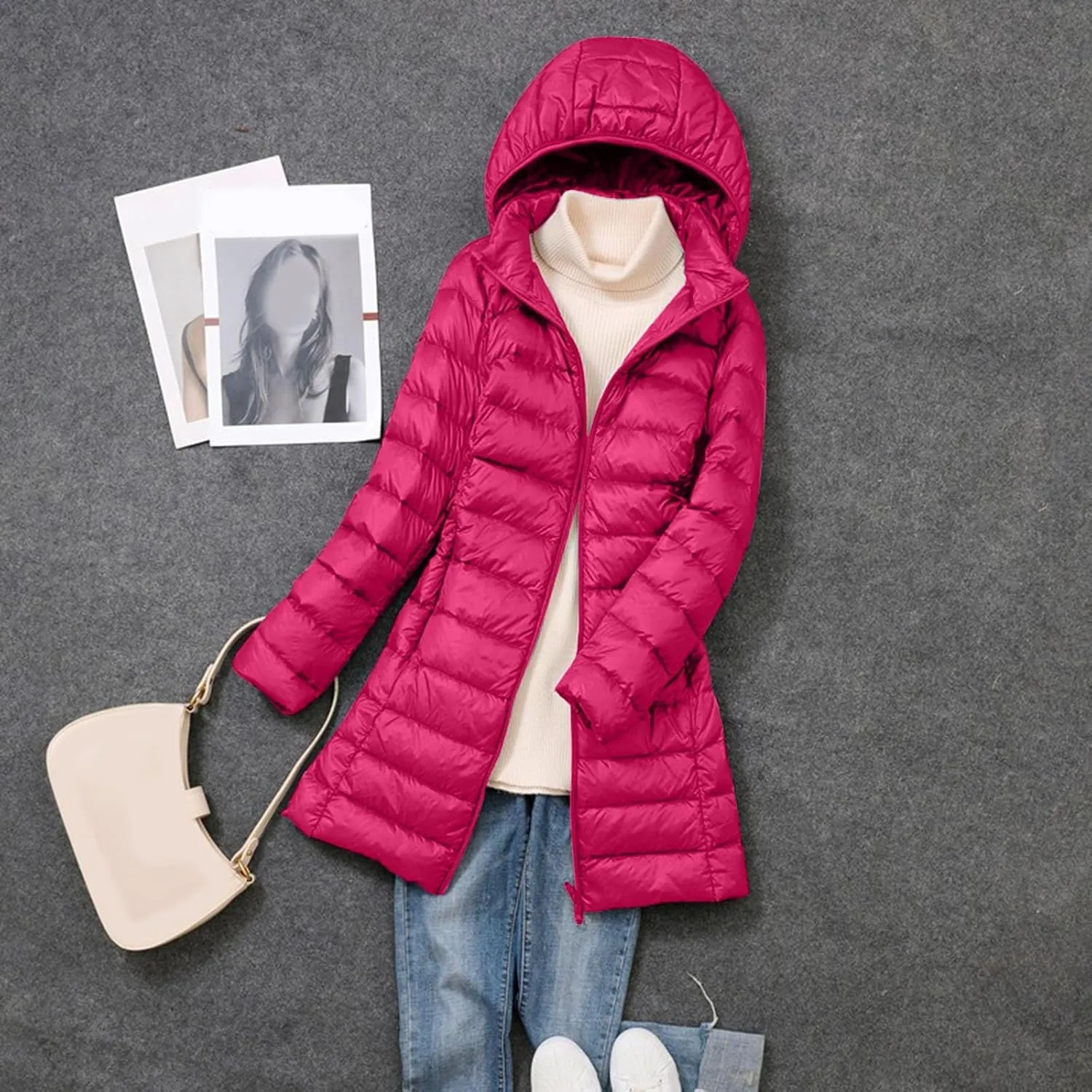 Women's Ultralight Down Jacket Long Packable Hooded Puffer Coat Warm Full-Zip Puffer Jacket for Outdoor