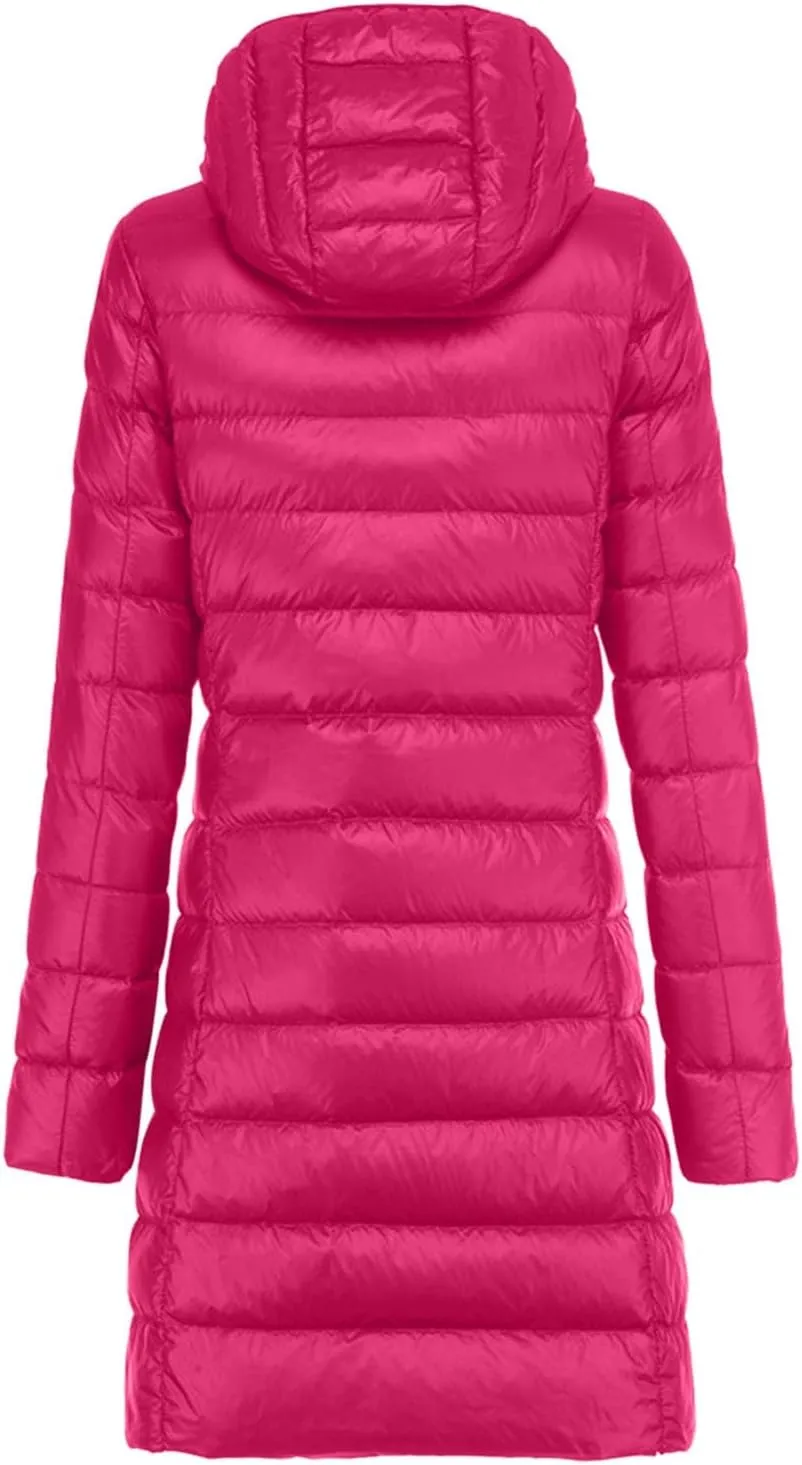 Women's Ultralight Down Jacket Long Packable Hooded Puffer Coat Warm Full-Zip Puffer Jacket for Outdoor