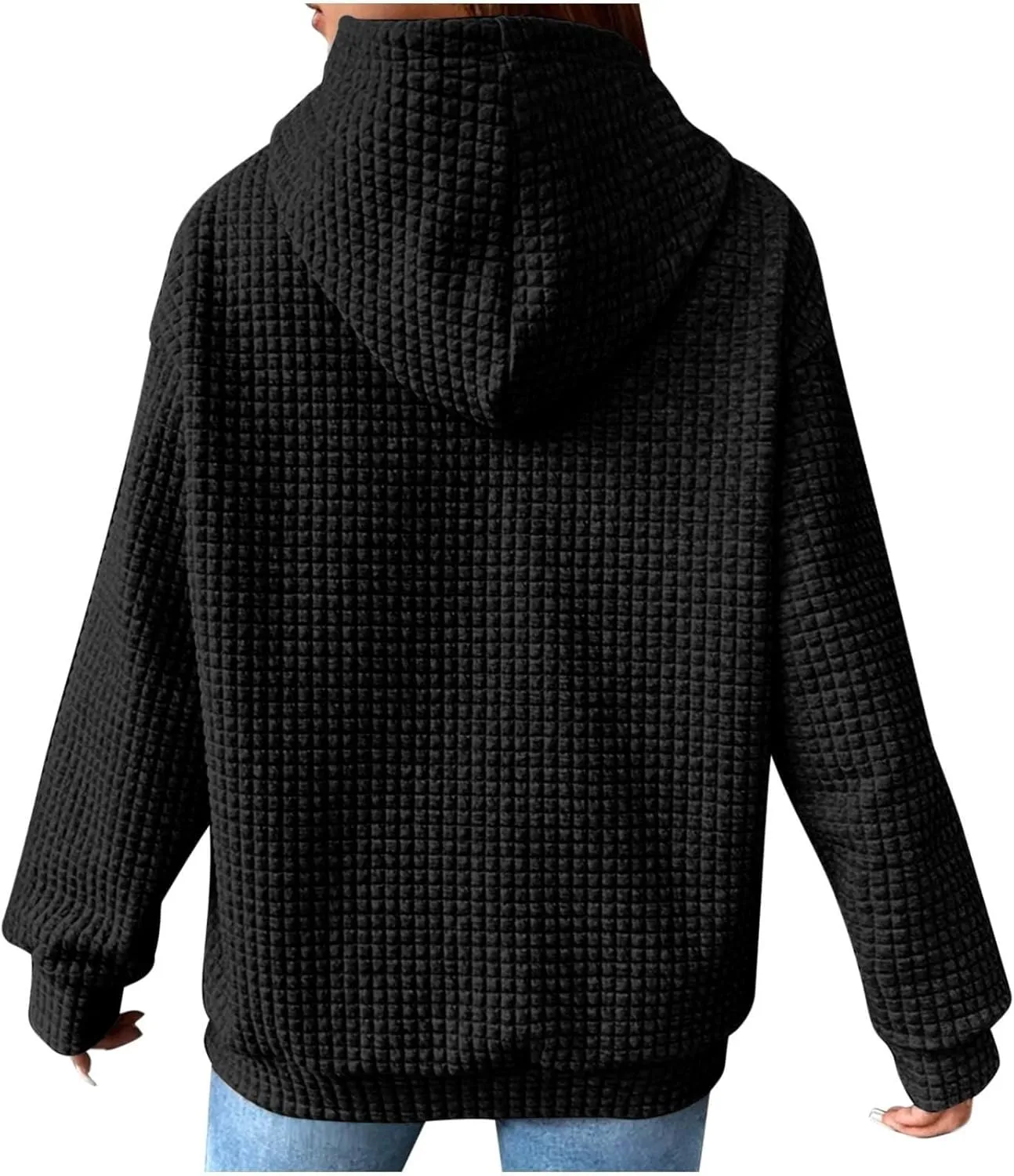 Womens Waffle Hoodies Casual Long Sleeve Hooded Drawstring Sweatshirt Solid Color Pullover Tops with Pocket