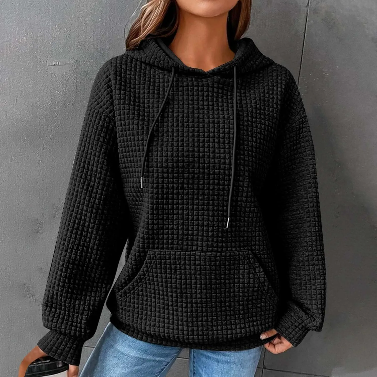 Womens Waffle Hoodies Casual Long Sleeve Hooded Drawstring Sweatshirt Solid Color Pullover Tops with Pocket