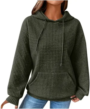 Womens Waffle Hoodies Casual Long Sleeve Hooded Drawstring Sweatshirt Solid Color Pullover Tops with Pocket