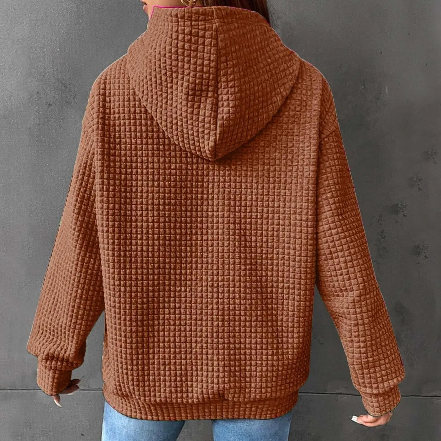 Womens Waffle Hoodies Casual Long Sleeve Hooded Drawstring Sweatshirt Solid Color Pullover Tops with Pocket