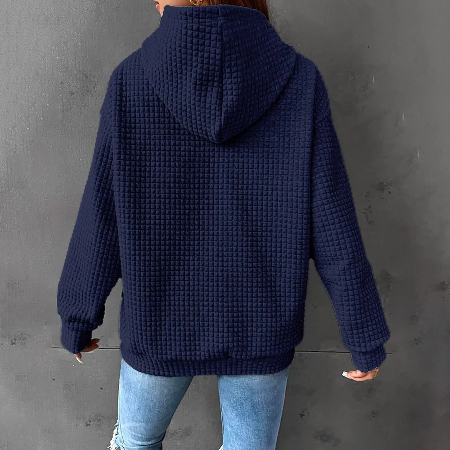 Womens Waffle Hoodies Casual Long Sleeve Hooded Drawstring Sweatshirt Solid Color Pullover Tops with Pocket