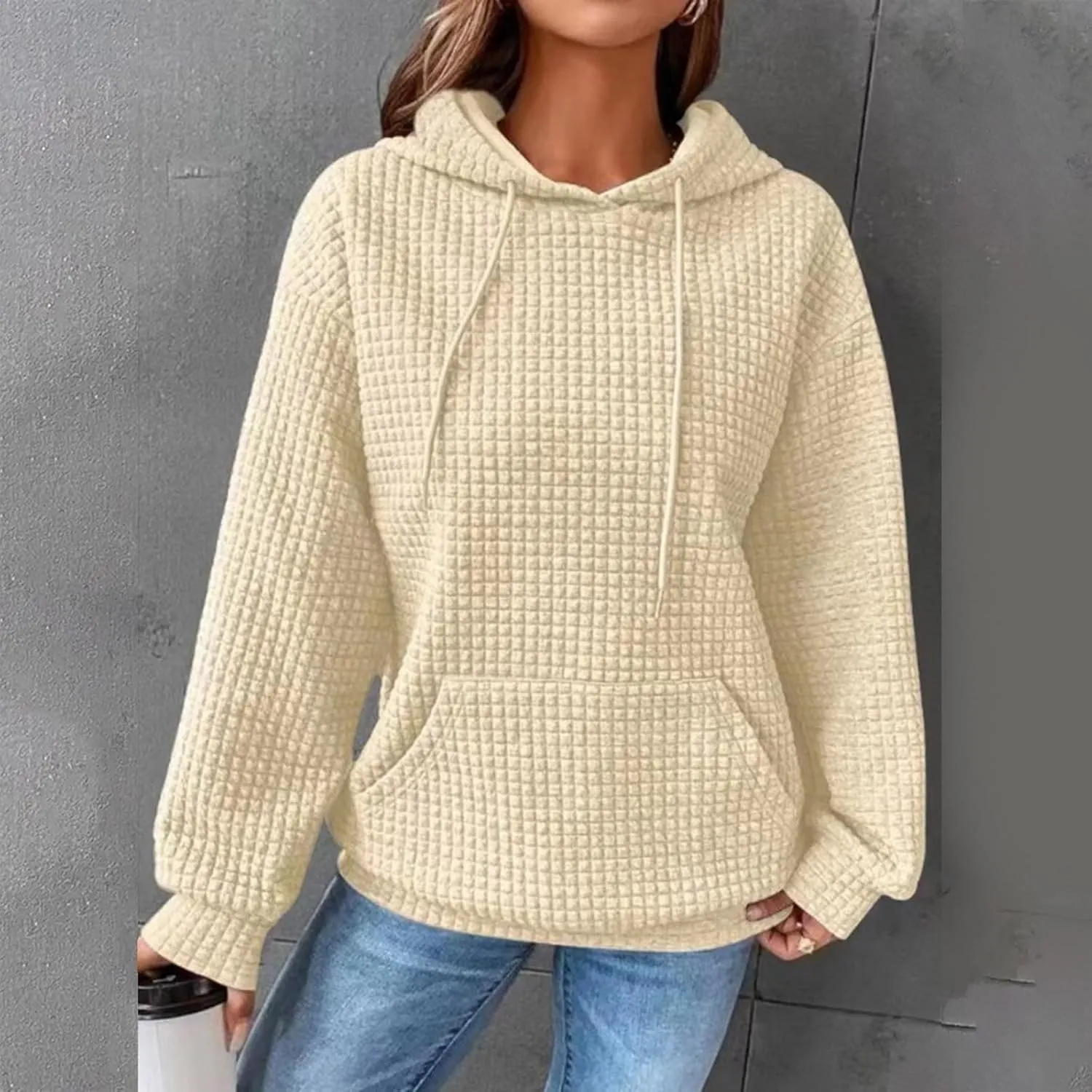 Womens Waffle Hoodies Casual Long Sleeve Hooded Drawstring Sweatshirt Solid Color Pullover Tops with Pocket
