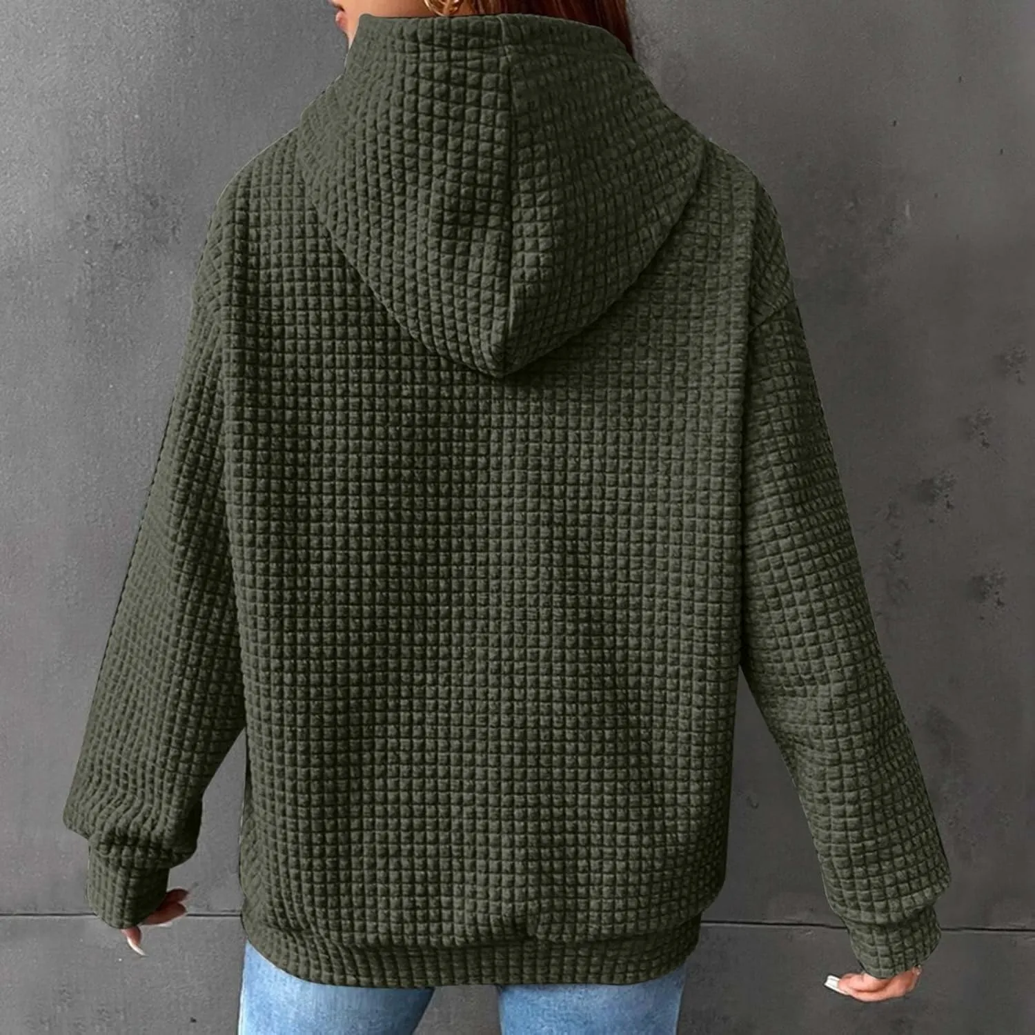 Womens Waffle Hoodies Casual Long Sleeve Hooded Drawstring Sweatshirt Solid Color Pullover Tops with Pocket