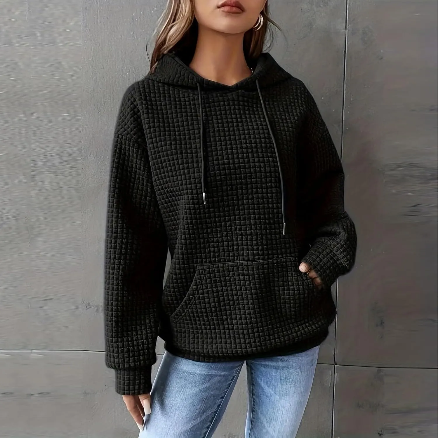 Womens Waffle Hoodies Casual Long Sleeve Hooded Drawstring Sweatshirt Solid Color Pullover Tops with Pocket