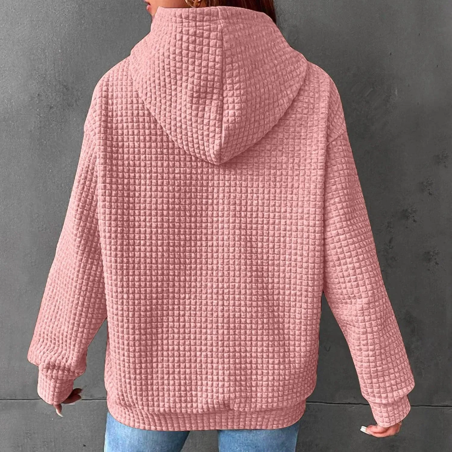 Womens Waffle Hoodies Casual Long Sleeve Hooded Drawstring Sweatshirt Solid Color Pullover Tops with Pocket