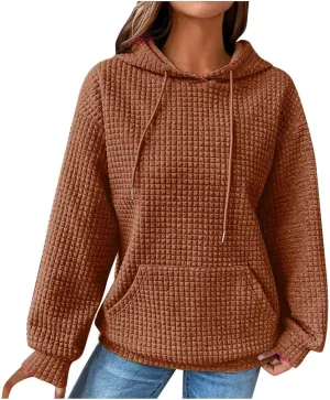 Womens Waffle Hoodies Casual Long Sleeve Hooded Drawstring Sweatshirt Solid Color Pullover Tops with Pocket