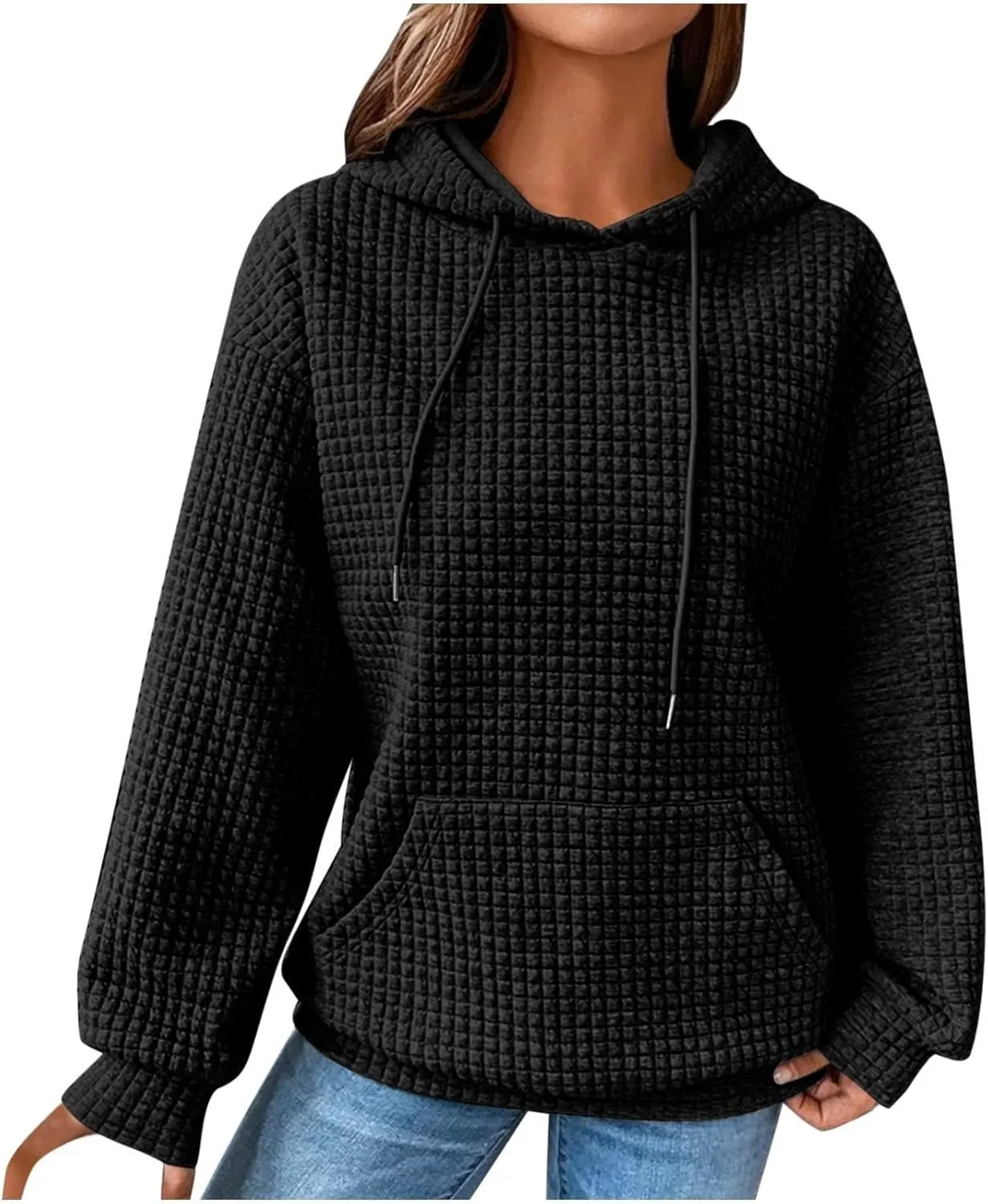 Womens Waffle Hoodies Casual Long Sleeve Hooded Drawstring Sweatshirt Solid Color Pullover Tops with Pocket