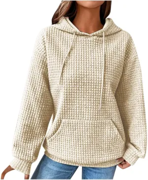 Womens Waffle Hoodies Casual Long Sleeve Hooded Drawstring Sweatshirt Solid Color Pullover Tops with Pocket