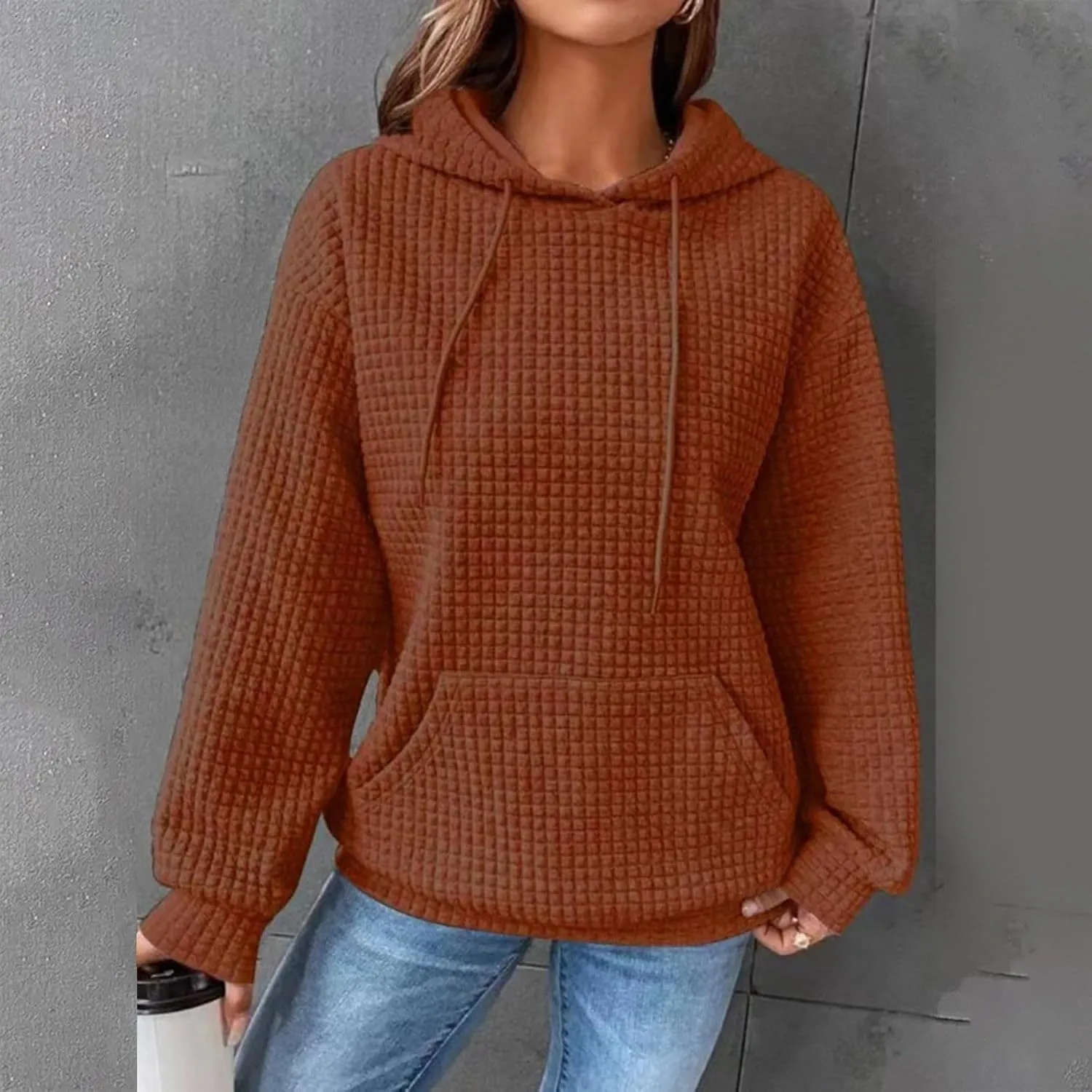 Womens Waffle Hoodies Casual Long Sleeve Hooded Drawstring Sweatshirt Solid Color Pullover Tops with Pocket