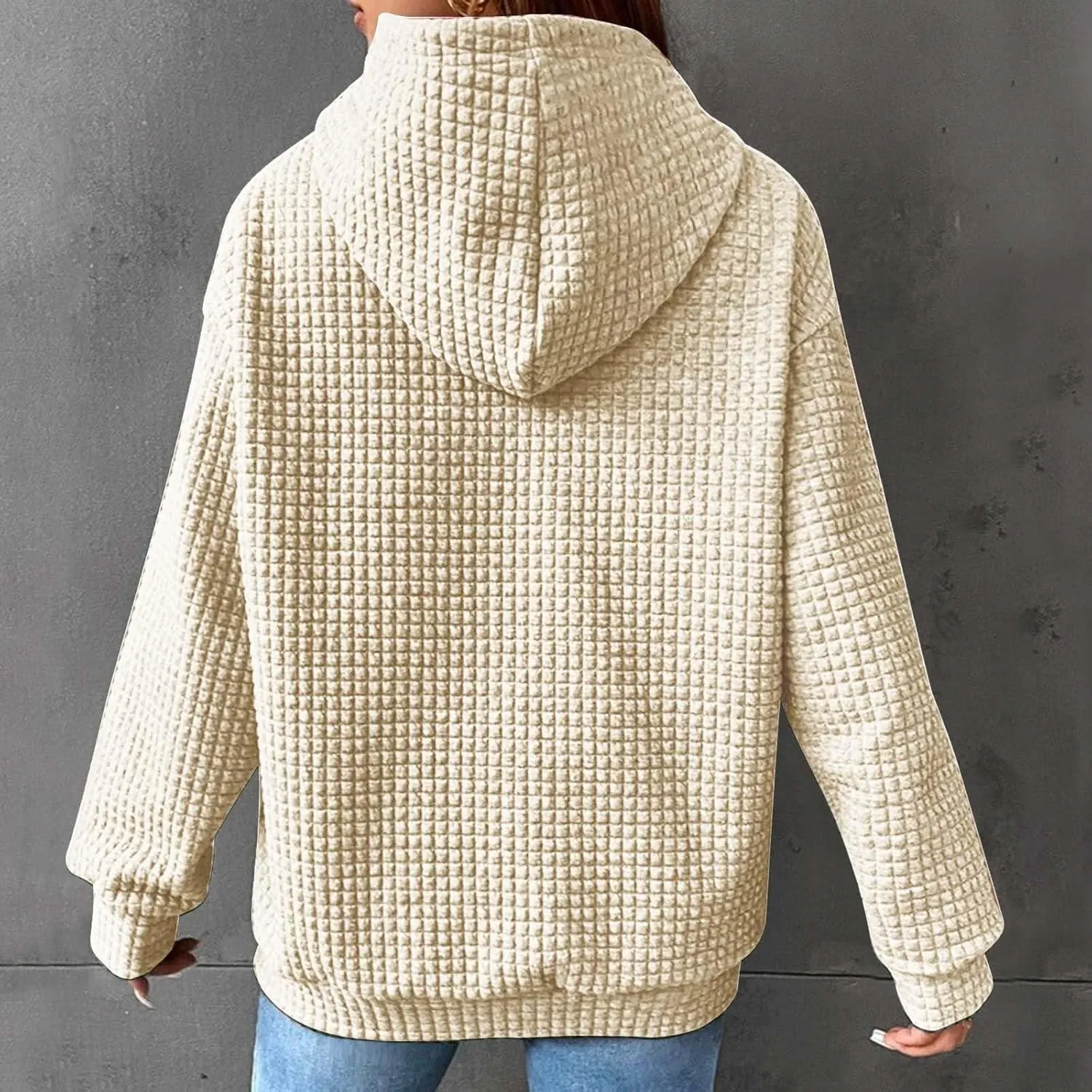 Womens Waffle Hoodies Casual Long Sleeve Hooded Drawstring Sweatshirt Solid Color Pullover Tops with Pocket