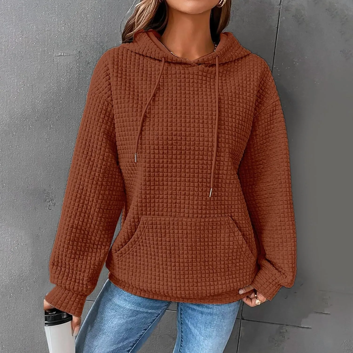 Womens Waffle Hoodies Casual Long Sleeve Hooded Drawstring Sweatshirt Solid Color Pullover Tops with Pocket