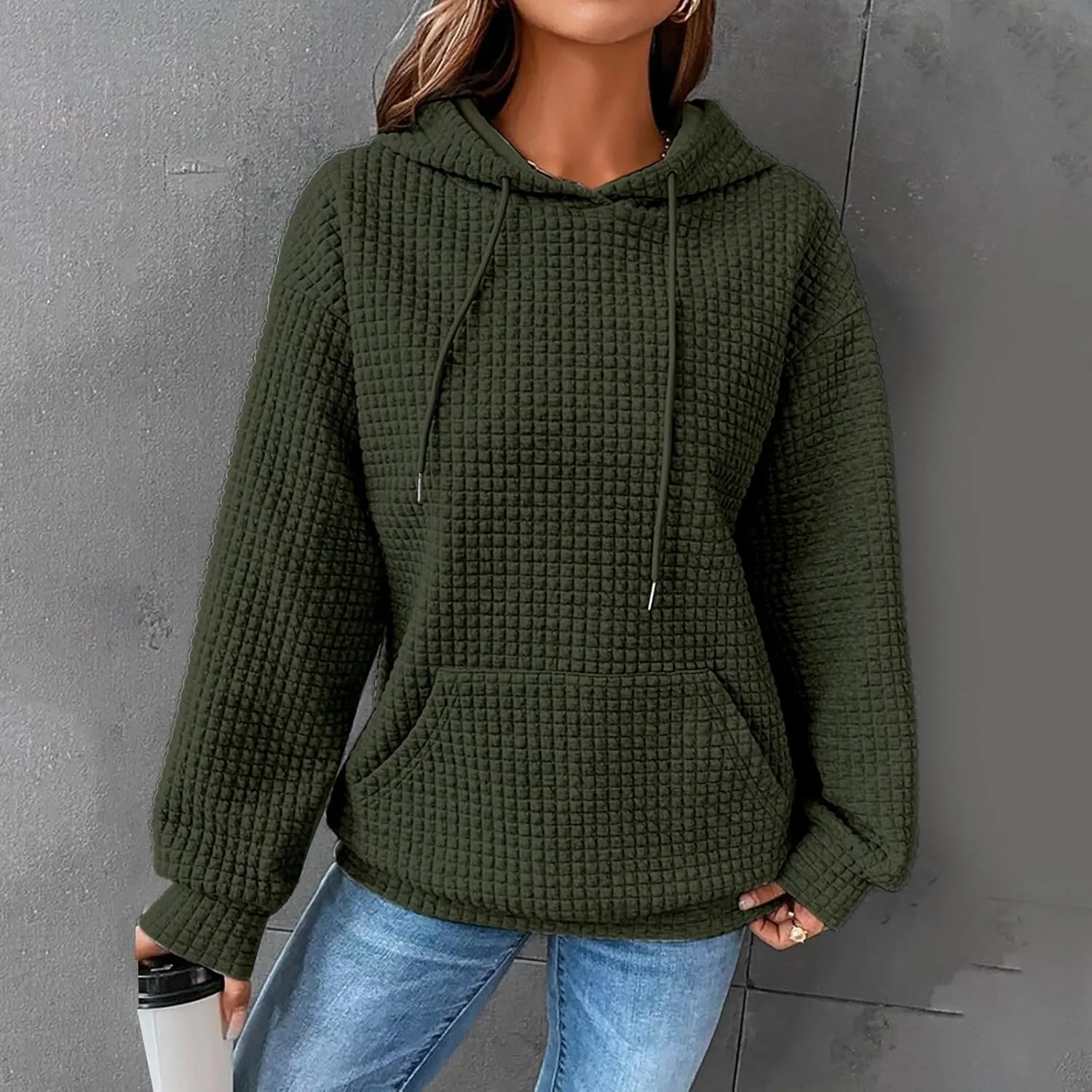 Womens Waffle Hoodies Casual Long Sleeve Hooded Drawstring Sweatshirt Solid Color Pullover Tops with Pocket