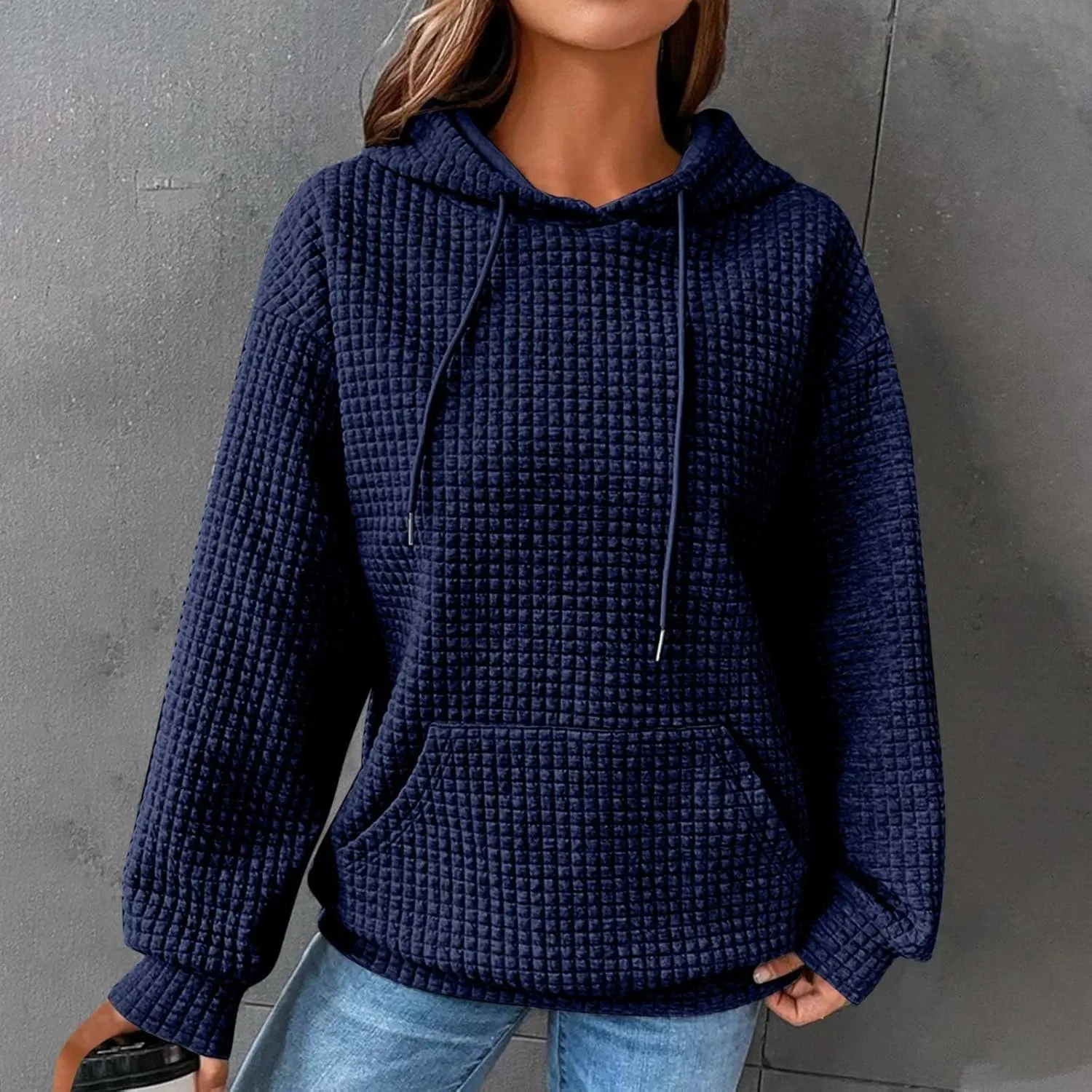 Womens Waffle Hoodies Casual Long Sleeve Hooded Drawstring Sweatshirt Solid Color Pullover Tops with Pocket