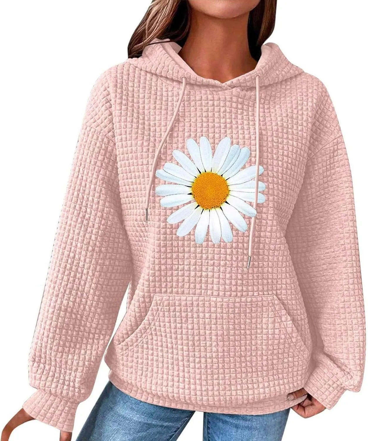 Womens Waffle Hoodies Casual Long Sleeve Hooded Drawstring Sweatshirt Solid Color Pullover Tops with Pocket
