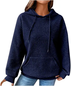 Womens Waffle Hoodies Casual Long Sleeve Hooded Drawstring Sweatshirt Solid Color Pullover Tops with Pocket