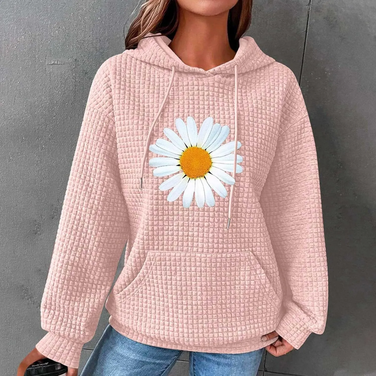 Womens Waffle Hoodies Casual Long Sleeve Hooded Drawstring Sweatshirt Solid Color Pullover Tops with Pocket