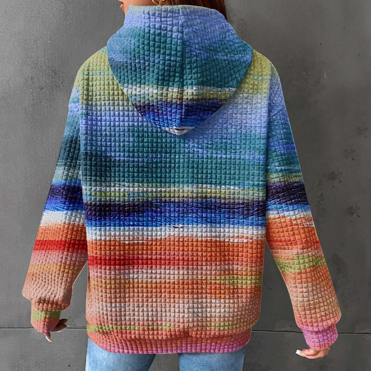 Womens Waffle Hoodies Casual Pullover Drawstring Long Sleeve Oversized Sweatshirts Spring Printed Tunic With Pockets