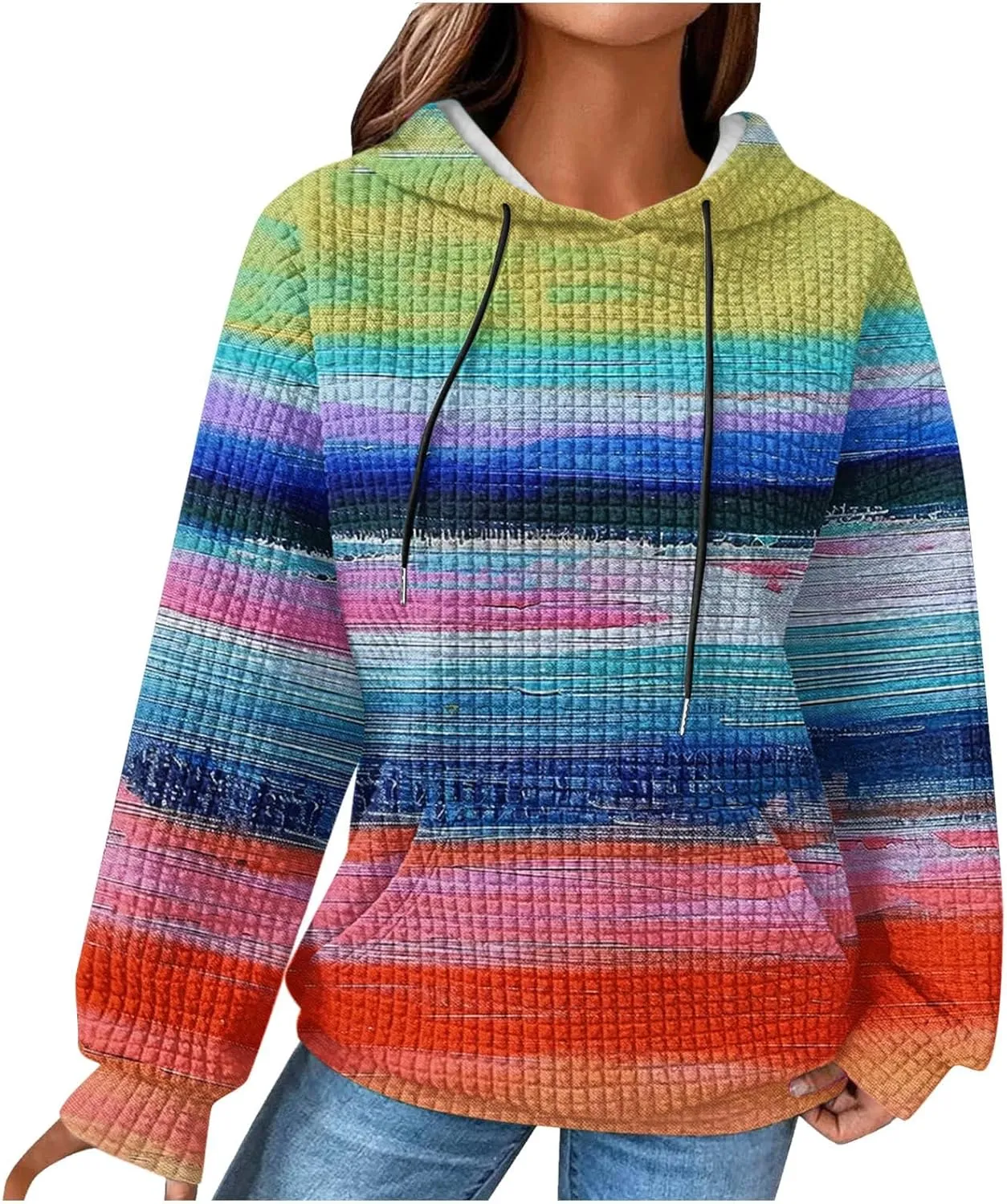 Womens Waffle Hoodies Casual Pullover Drawstring Long Sleeve Oversized Sweatshirts Spring Printed Tunic With Pockets