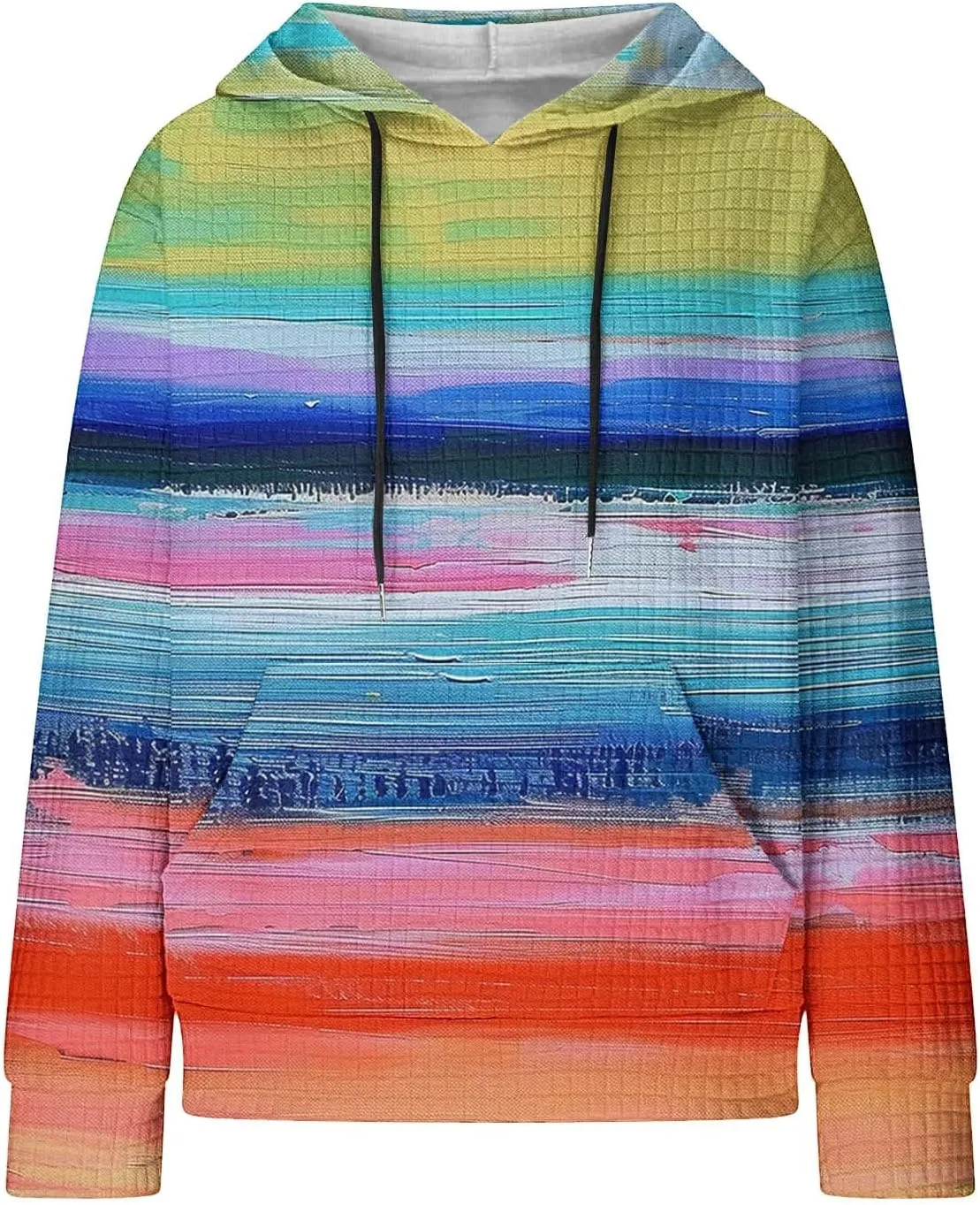 Womens Waffle Hoodies Casual Pullover Drawstring Long Sleeve Oversized Sweatshirts Spring Printed Tunic With Pockets
