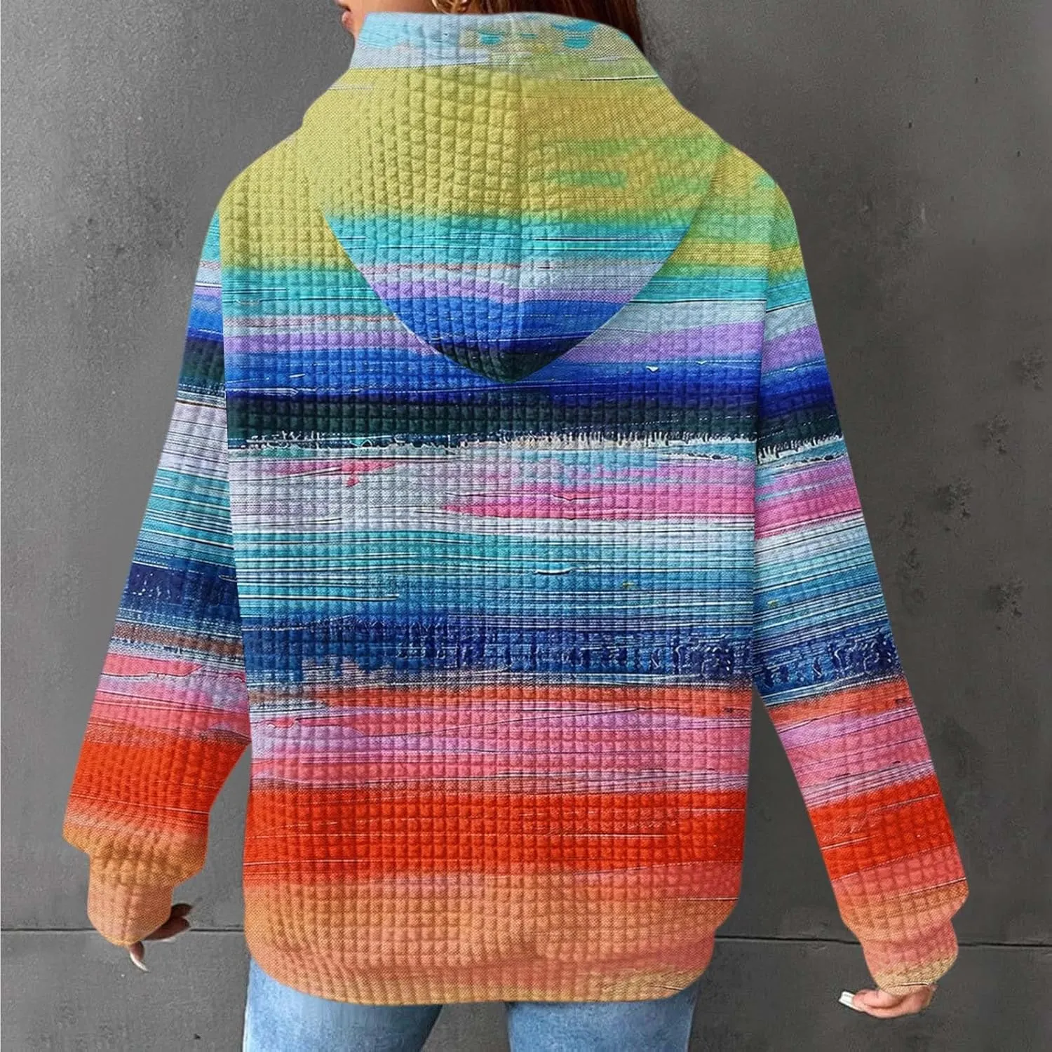 Womens Waffle Hoodies Casual Pullover Drawstring Long Sleeve Oversized Sweatshirts Spring Printed Tunic With Pockets