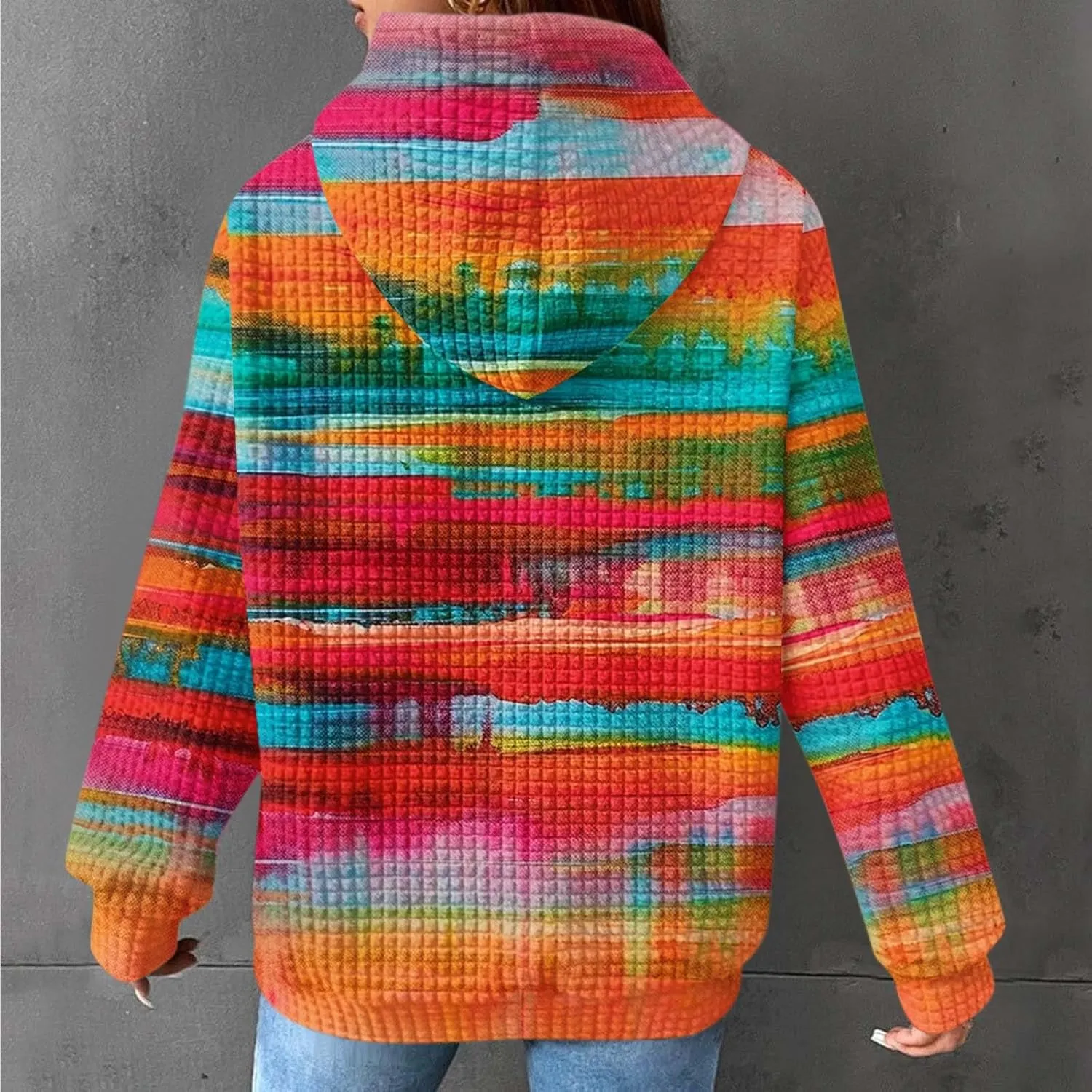 Womens Waffle Hoodies Casual Pullover Drawstring Long Sleeve Oversized Sweatshirts Spring Printed Tunic With Pockets