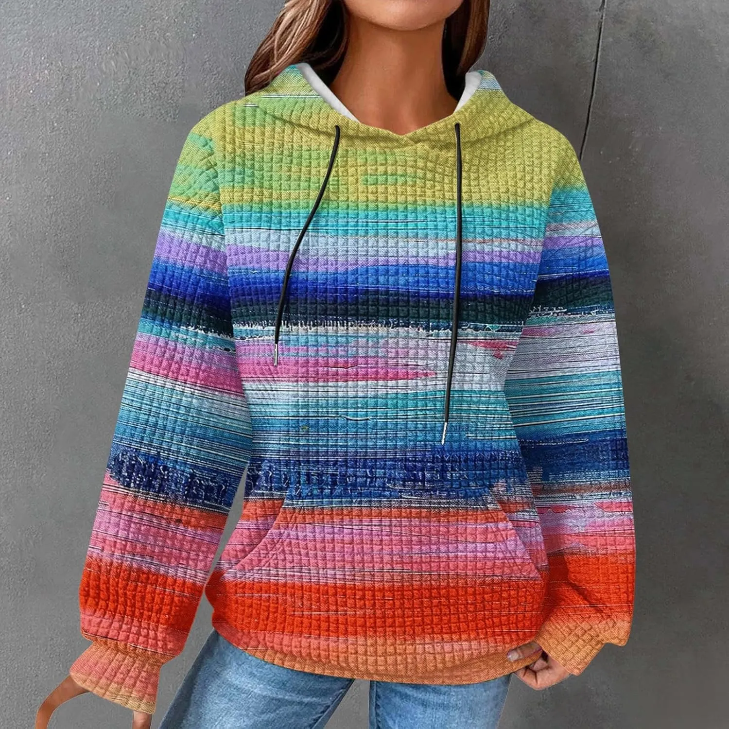 Womens Waffle Hoodies Casual Pullover Drawstring Long Sleeve Oversized Sweatshirts Spring Printed Tunic With Pockets