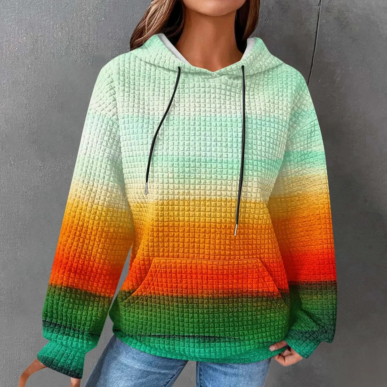 Womens Waffle Hoodies Casual Pullover Drawstring Long Sleeve Oversized Sweatshirts Spring Printed Tunic With Pockets